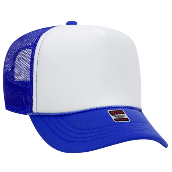 A blue and white 5 panel trucker hat with a mesh back and a logo tag at the front.