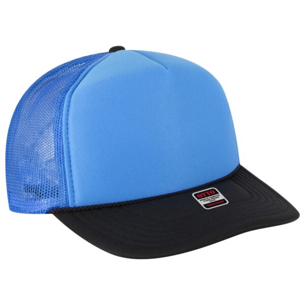 A blue and black 5 panel trucker hat with a mesh back and a logo on the front.