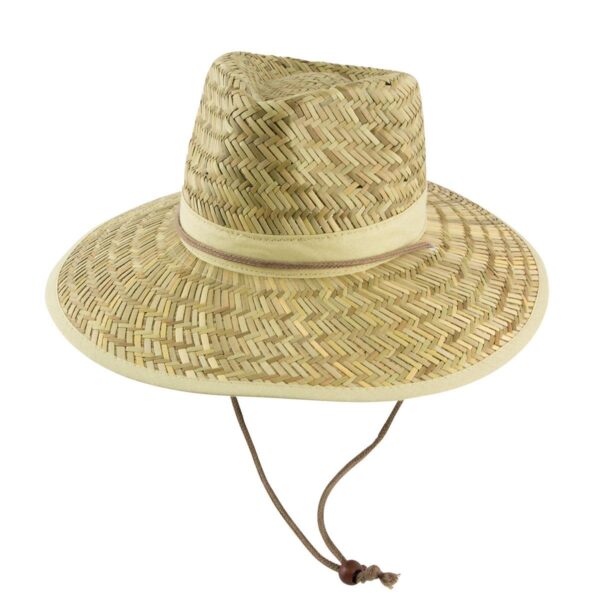 A straw hat with a wide brim and a toggle cord, featuring natural tones and a woven pattern.