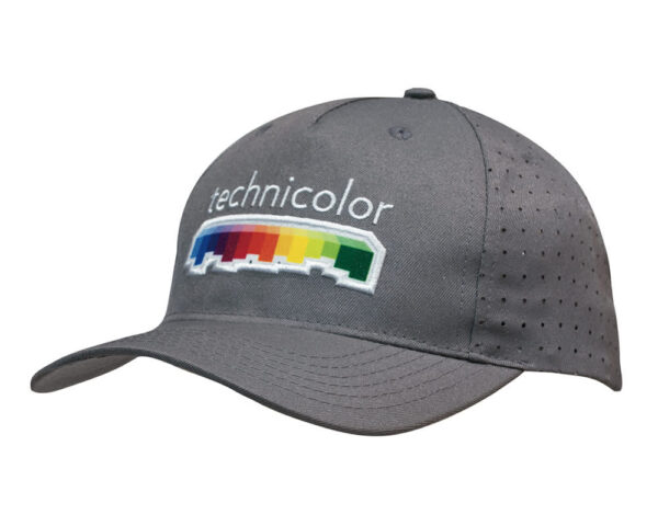 A grey breathable poly twill cap with circle perforations and a logo on the front.