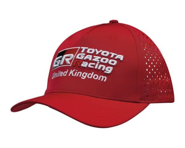 A red sports cap featuring perforated detailing and a logo on the front.