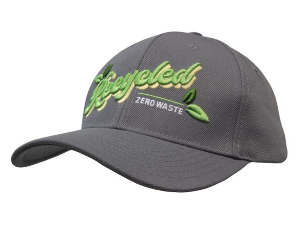 A grey cap made of recycled twill, featuring embroidered text and a logo.