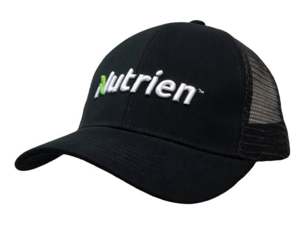 A black organic brushed cotton cap with a mesh back and a logo on the front.