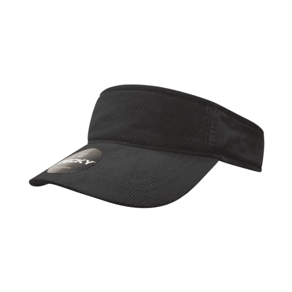 A black corduroy visor featuring a curved brim and a branding logo.
