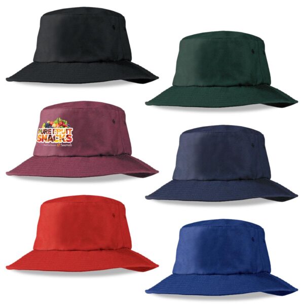 A collection of Poly Viscose Bucket Hats in black, green, burgundy, navy, red, and an embroidered design on one hat.