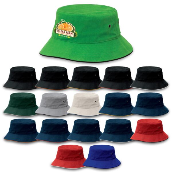 A range of bucket hats in various colours, including green, black, navy, and red, featuring a logo on one.
