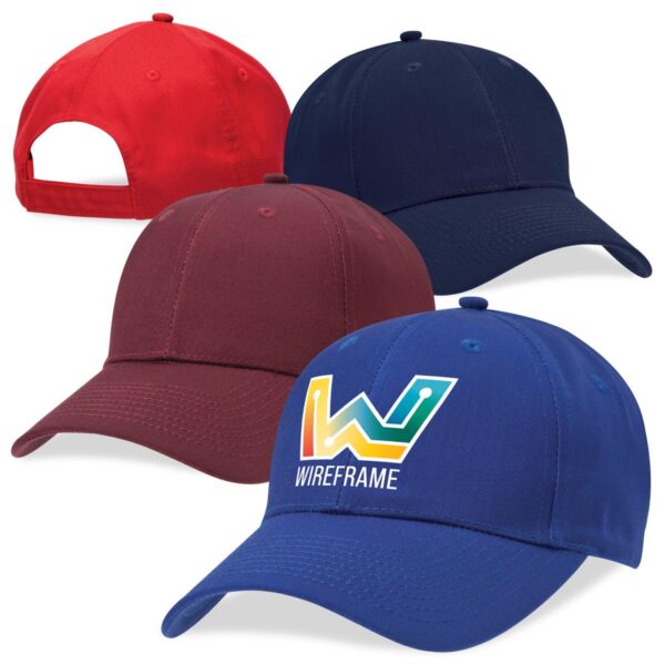 A selection of four caps in red, navy, burgundy, and blue, featuring one cap with a logo.