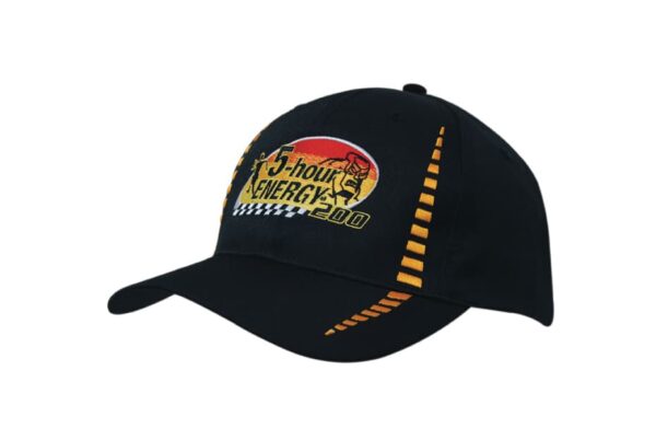 A black cap featuring a small check pattern and a logo on the front. It has a curved brim and embroidered details.