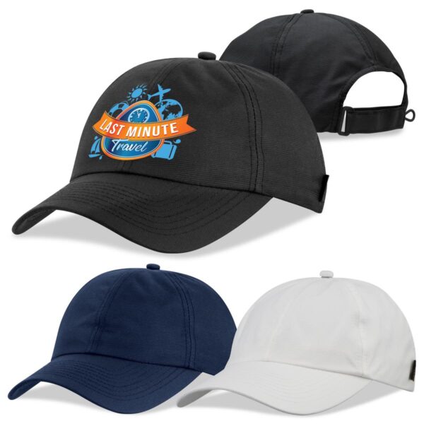 A collection of three caps in black, navy, and white, featuring a logo on the front of one cap.