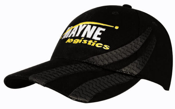 A black cap featuring tyre track designs and a logo on the front, made from heavy cotton material.