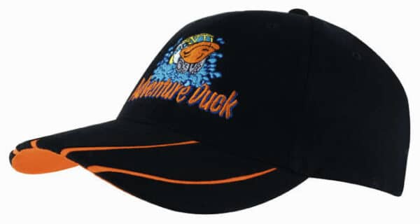A black cap with a hi-vis orange two-tone peak and an embroidered logo on the front.