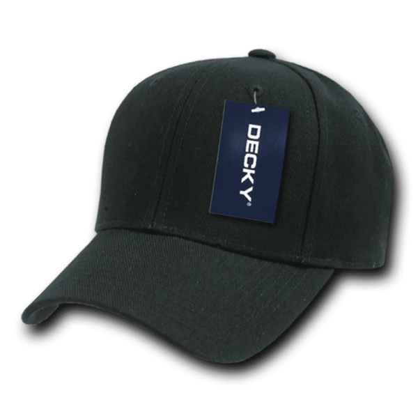 A fitted black cap with a six-panel design and a tag attached, featuring a logo.
