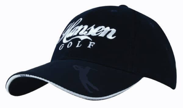 A navy blue cap with an embossed peak and a logo, featuring white lettering for branding.