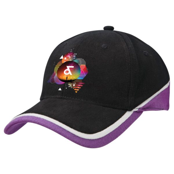 A black and purple cap featuring a multicoloured graphic design on the front and a logo.