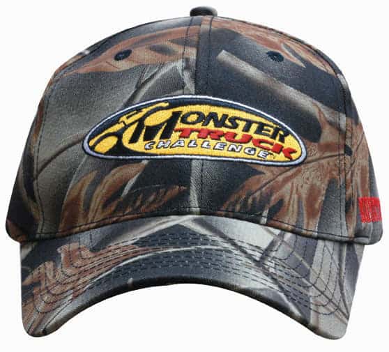 Leaf print camouflage cotton twill cap featuring a logo, primarily in shades of green and brown.