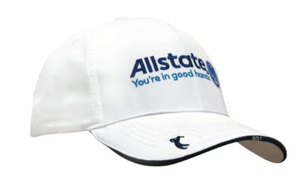 A white cap with peak embroidery and a contrasting black trim, featuring a logo.