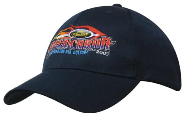 A navy cap featuring a colourful embroidered design and a logo. The cap is made from 100% recycled fabric.