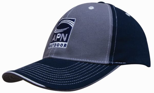 A two-tone cap featuring grey and navy panels, contrasting stitching, and a logo on the front.