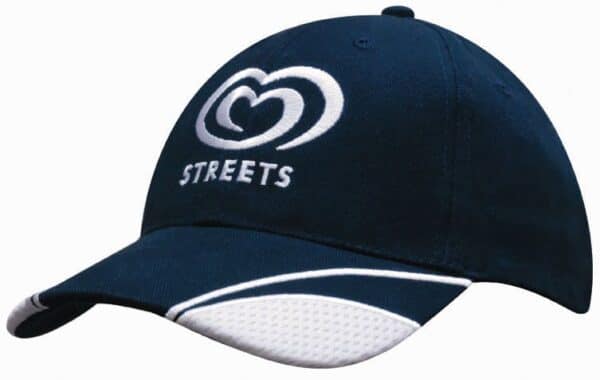 A navy blue brushed heavy cotton cap with mesh inserts on the peak and a logo on the front.