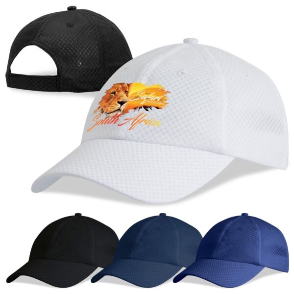 A white cap with a lion graphic and text, accompanied by black, navy, and another black cap in the background.