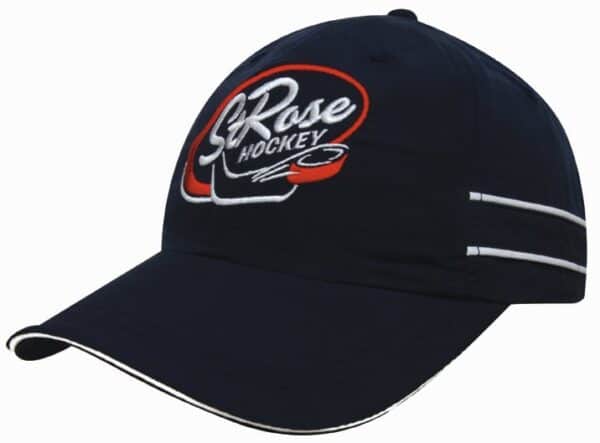 A navy microfibre sports cap featuring white piping and embroidery with a logo.