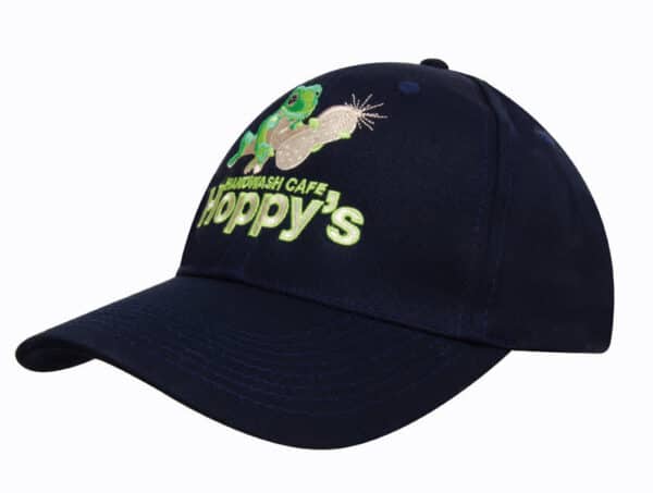 A navy blue twill cap featuring an embroidered design and a logo on the front.