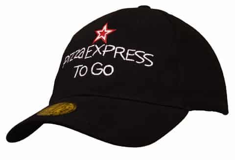 A black cap featuring a logo and embroidered text, styled with a curved brim and a rounded top.