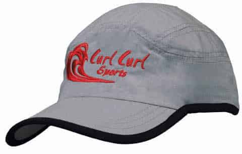 A grey microfibre sports cap with a black trim on the edge of the crown and peak, featuring a logo.