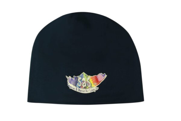 A rolled down cotton beanie in black featuring a logo in vibrant colours.