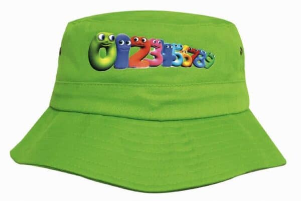 A bright green youth bucket hat featuring a colourful numeral design and an attached logo.