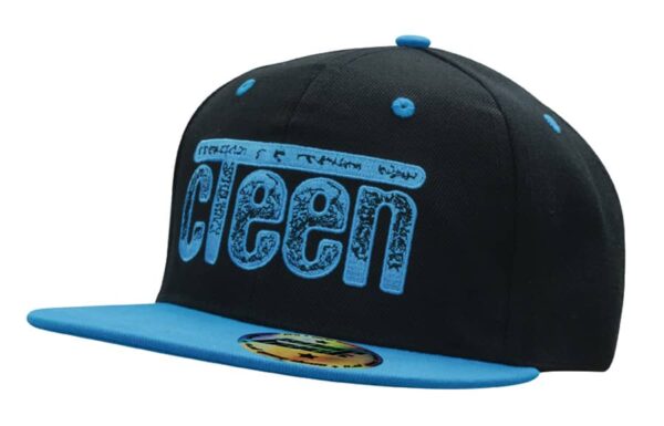 A black cap with a blue brim and blue detailing, featuring a logo on the front.