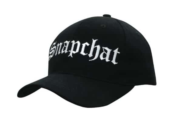 A black cap with a white embroidered logo. It features a curved brim and a snapback closure.