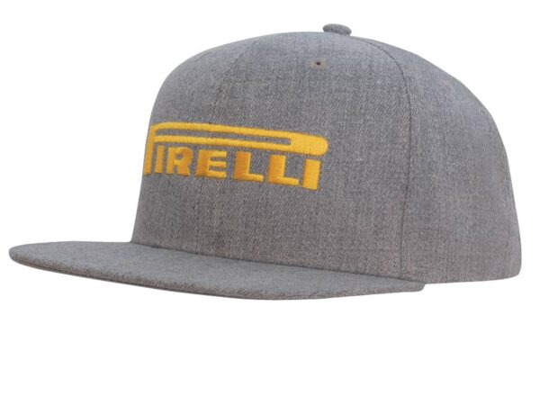 A grey flat peak cap with a yellow logo on the front, featuring a structured design and a wide brim.