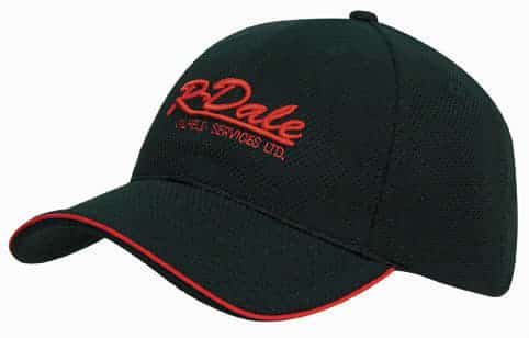 A dark green cap with a red trim and a logo on the front, featuring a mesh design and a curved peak.