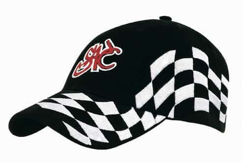 A black cap featuring a checkered pattern in white and a logo on the front.