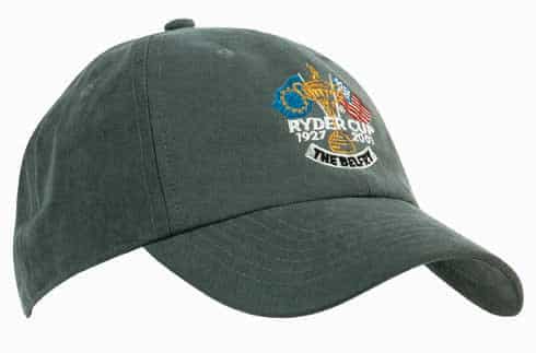 A green water-resistant cap featuring a logo and embroidery related to the Ryder Cup.