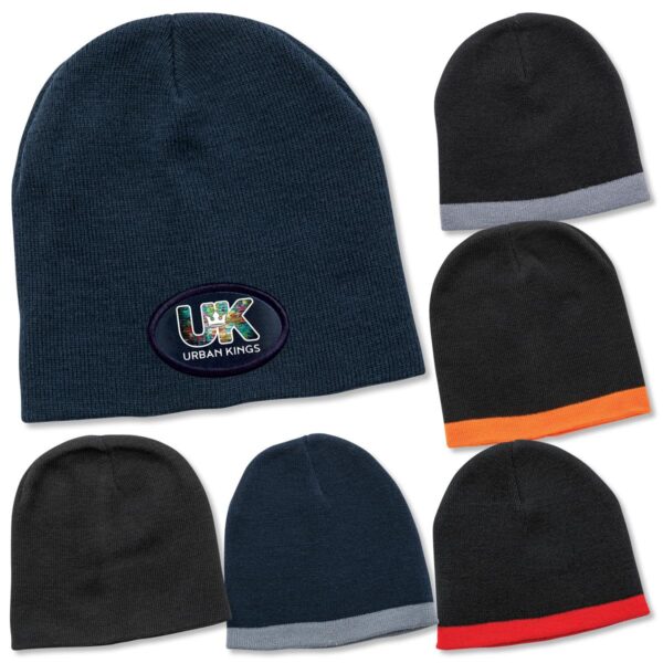 A collection of beanies in various colours, featuring a logo on one beanie.