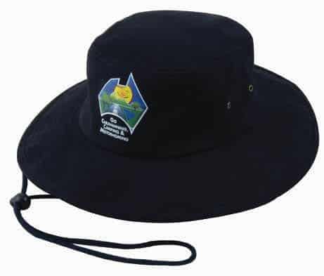 A navy blue wide-brimmed hat with a logo on the front and a chin strap.