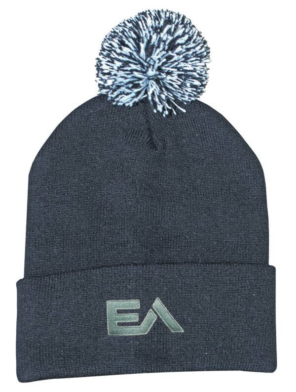 Acrylic beanie in dark grey with a fluffy pom pom on top and a logo at the front.