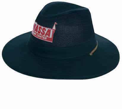 A dark green collapsible cotton twill and soft mesh hat with a logo on the front.