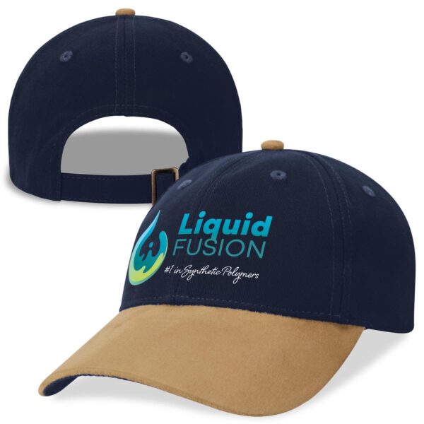 A navy and beige sueded peak cap featuring a logo on the front and an adjustable strap at the back.
