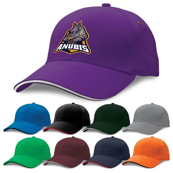A purple cap with a logo, featuring a variety of other caps in blue, green, black, grey, burgundy, and orange.