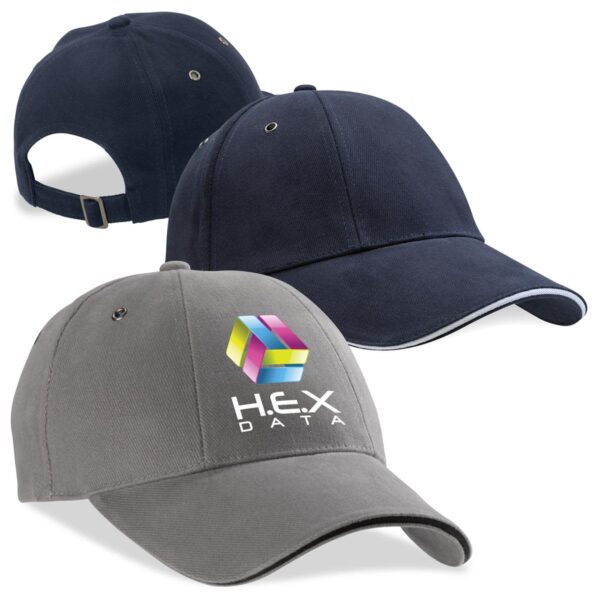 Three caps displayed, featuring dark navy and grey colours, each with a logo on the front.