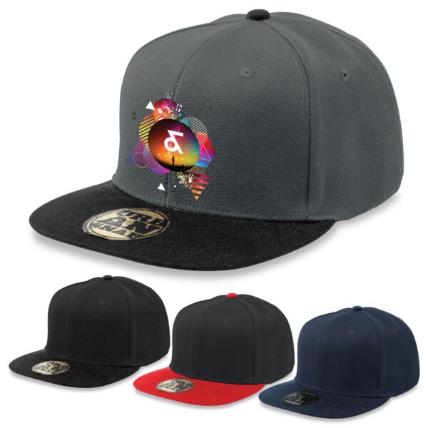 A grey cap with a black peak and a colourful geometric design, accompanied by options in black, dark green, and red.