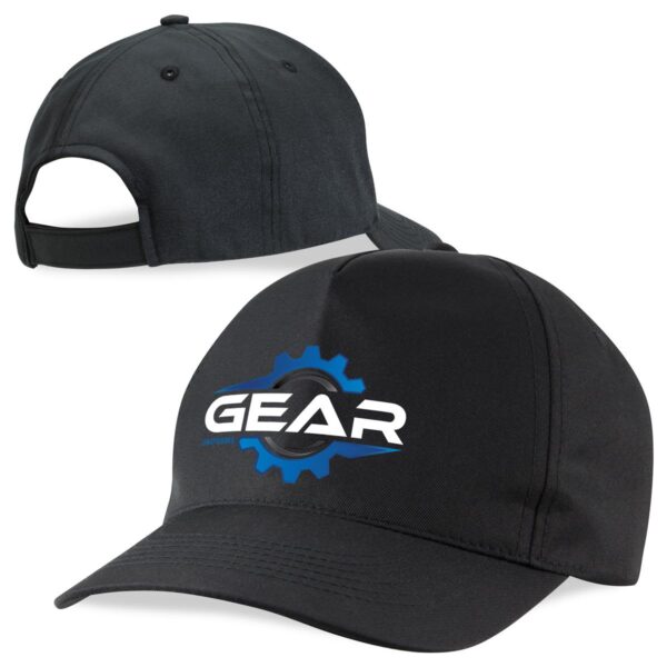 A black polycotton cap featuring a logo on the front and an adjustable strap at the back.
