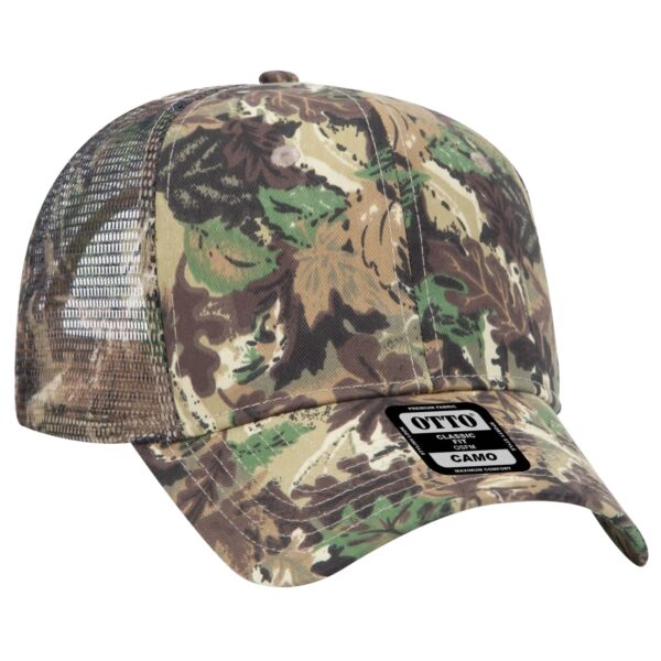 A camo 6 panel trucker hat with a mesh back and an attached logo patch.
