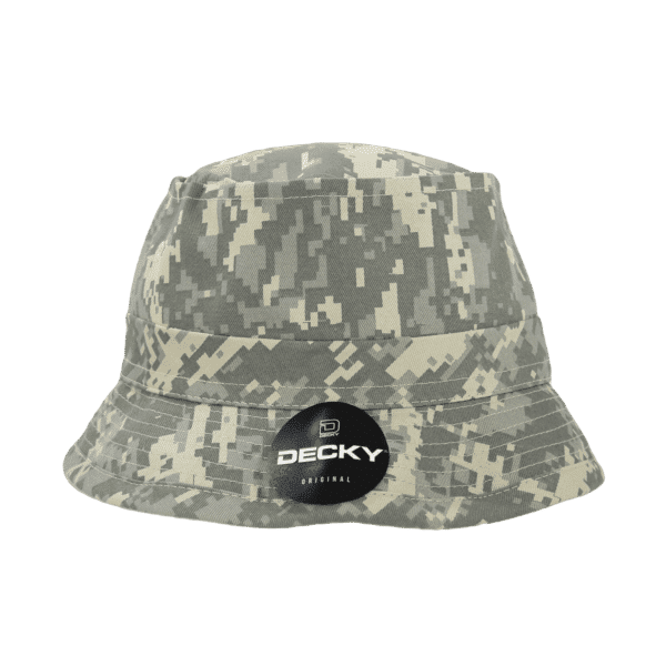 A grey camouflaged bucket hat with a logo on the front. Suitable for outdoor wear.