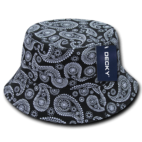 A black and white paisley bucket hat with a tag. Features intricate patterns and a wide brim.