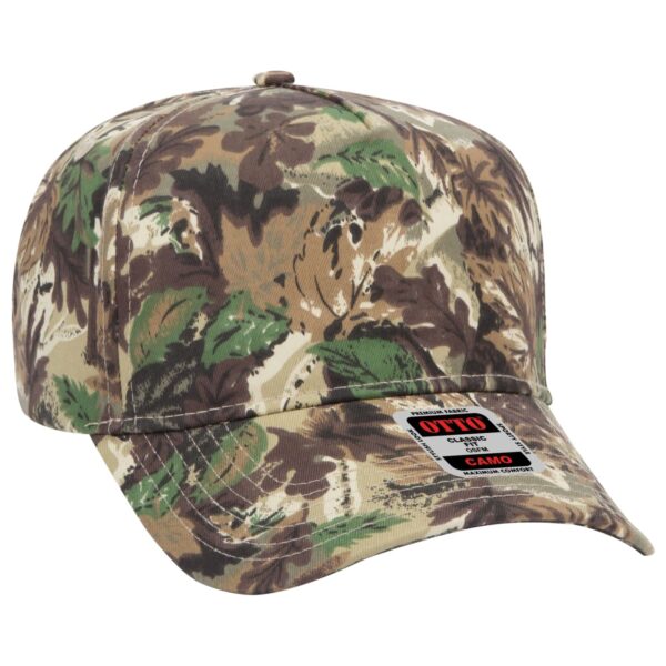 A 5-panel baseball cap in a camouflage pattern featuring shades of green and brown, with a logo on the front.