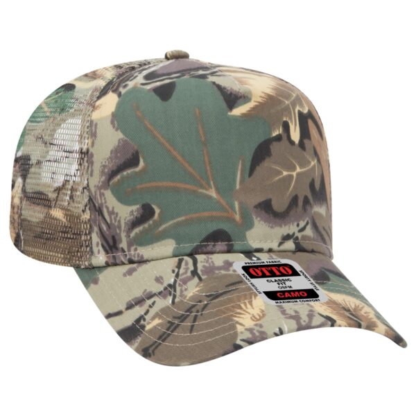 A camo-patterned 5 Panel Trucker Hat featuring a mesh back and a branded logo on the front.